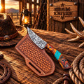 Floral-etched D2 cowboy field dressing knife with colorful resin handle