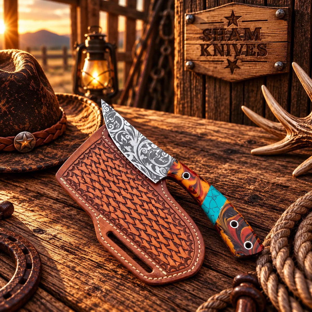 Floral-etched D2 cowboy field dressing knife with colorful resin handle