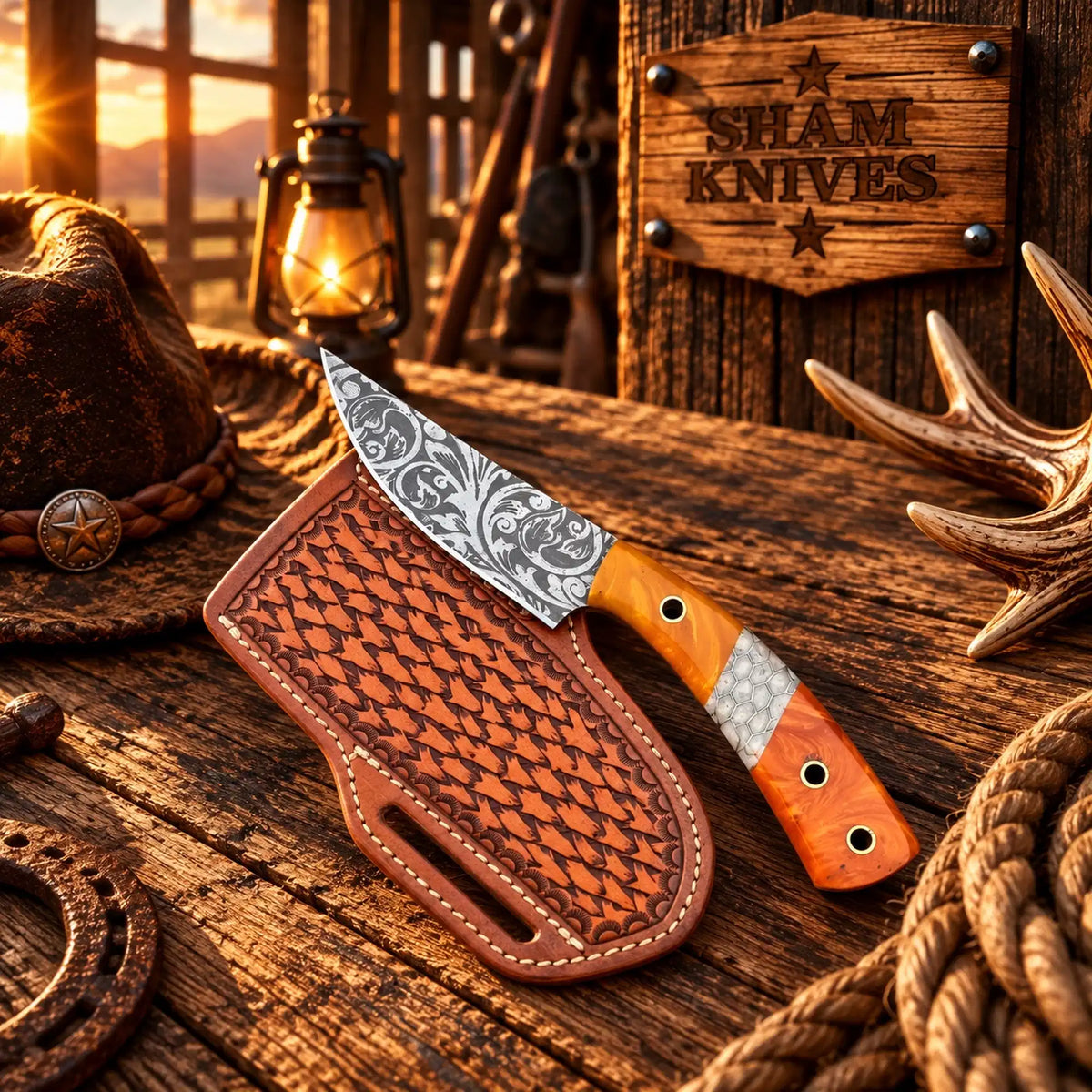 Floral-etched D2 cowboy skinner knife with orange resin handle