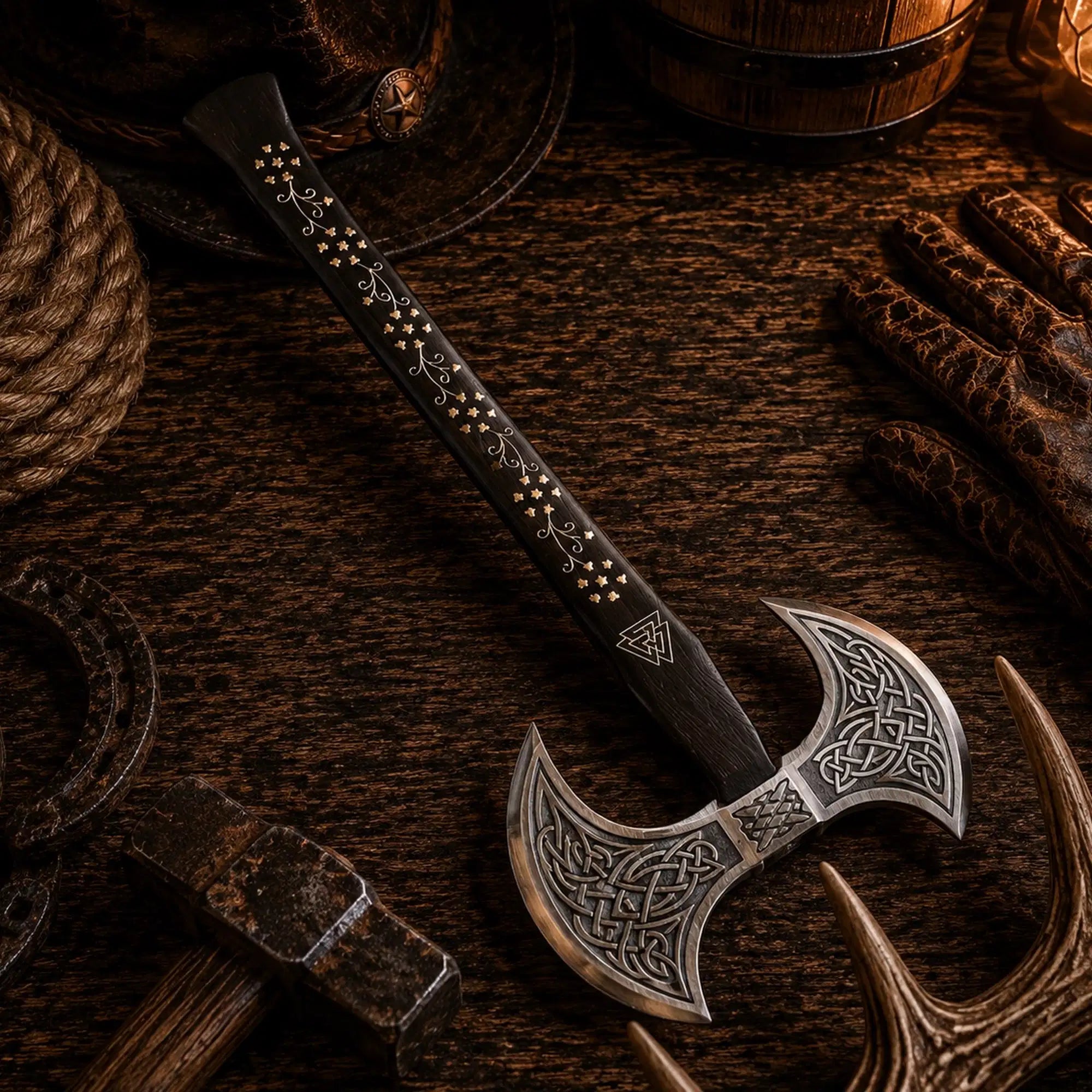 Double-headed Viking axe with ash wood and brass inlay handle