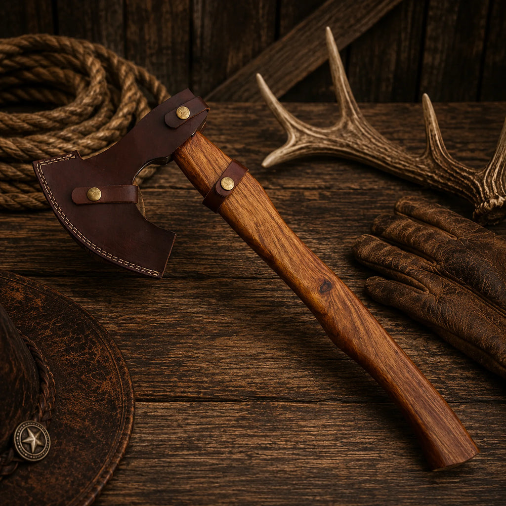 Premium forged Damascus bushcraft axe with handcrafted leather sheath.