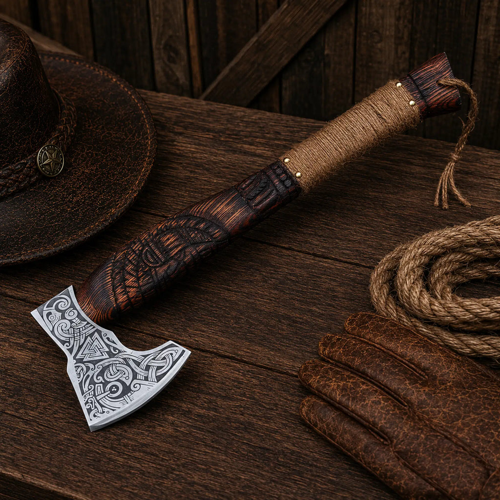 Viking camping axe with engraved blade