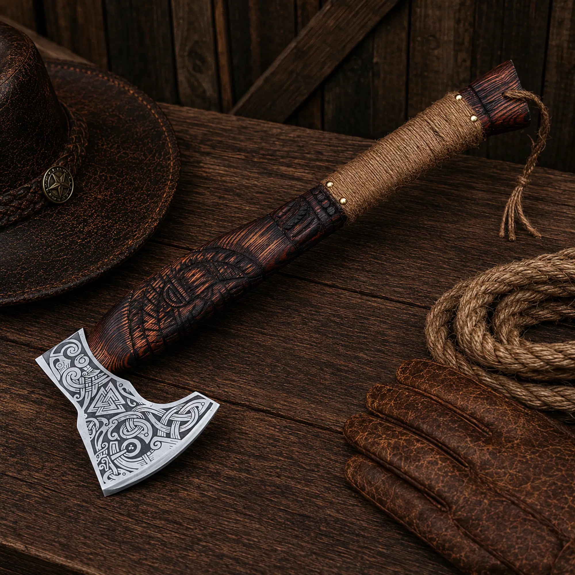Viking camping axe with engraved blade