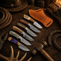 Frontier Hunter Collection six handmade fixed blade hunting knives with pine cone resin and stag handles