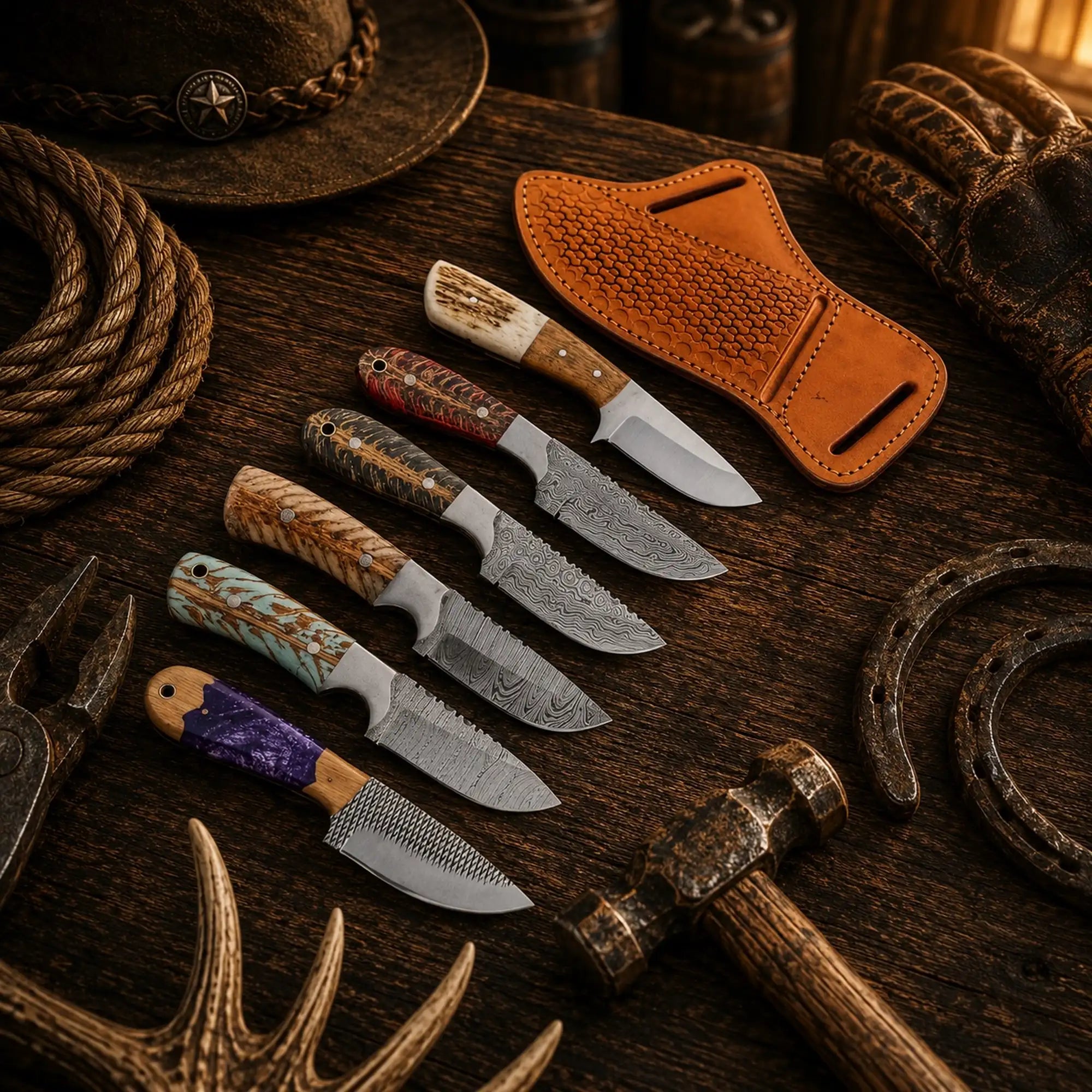 Frontier Hunter Collection six handmade fixed blade hunting knives with pine cone resin and stag handles
