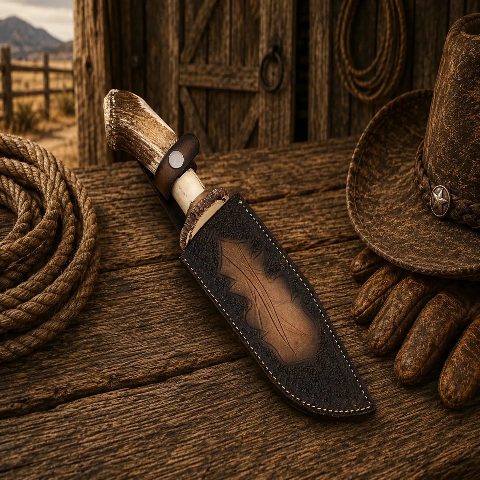 Frontier Hunter Bowie Knife – D2 Acid Etched Antler Handle - SHAM KNIVESBowie knifeSHAM KNIVESD2 steel acid etched Bowie knife with leather sheath