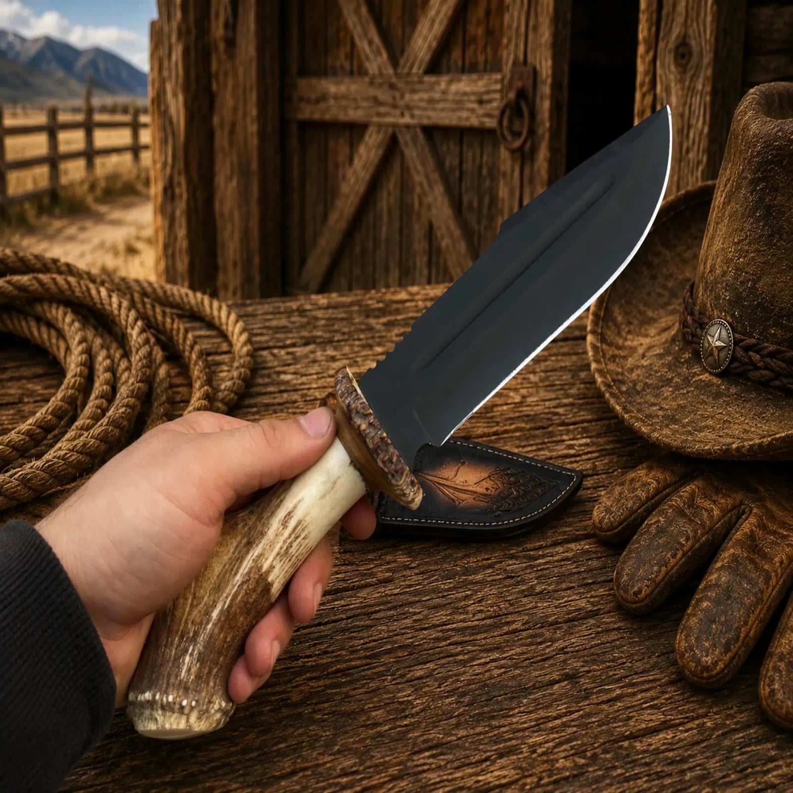 Frontier Hunter Bowie Knife – D2 Acid Etched Antler Handle - SHAM KNIVESBowie knifeSHAM KNIVESPremium hunting Bowie knife with cowhide leather sheath