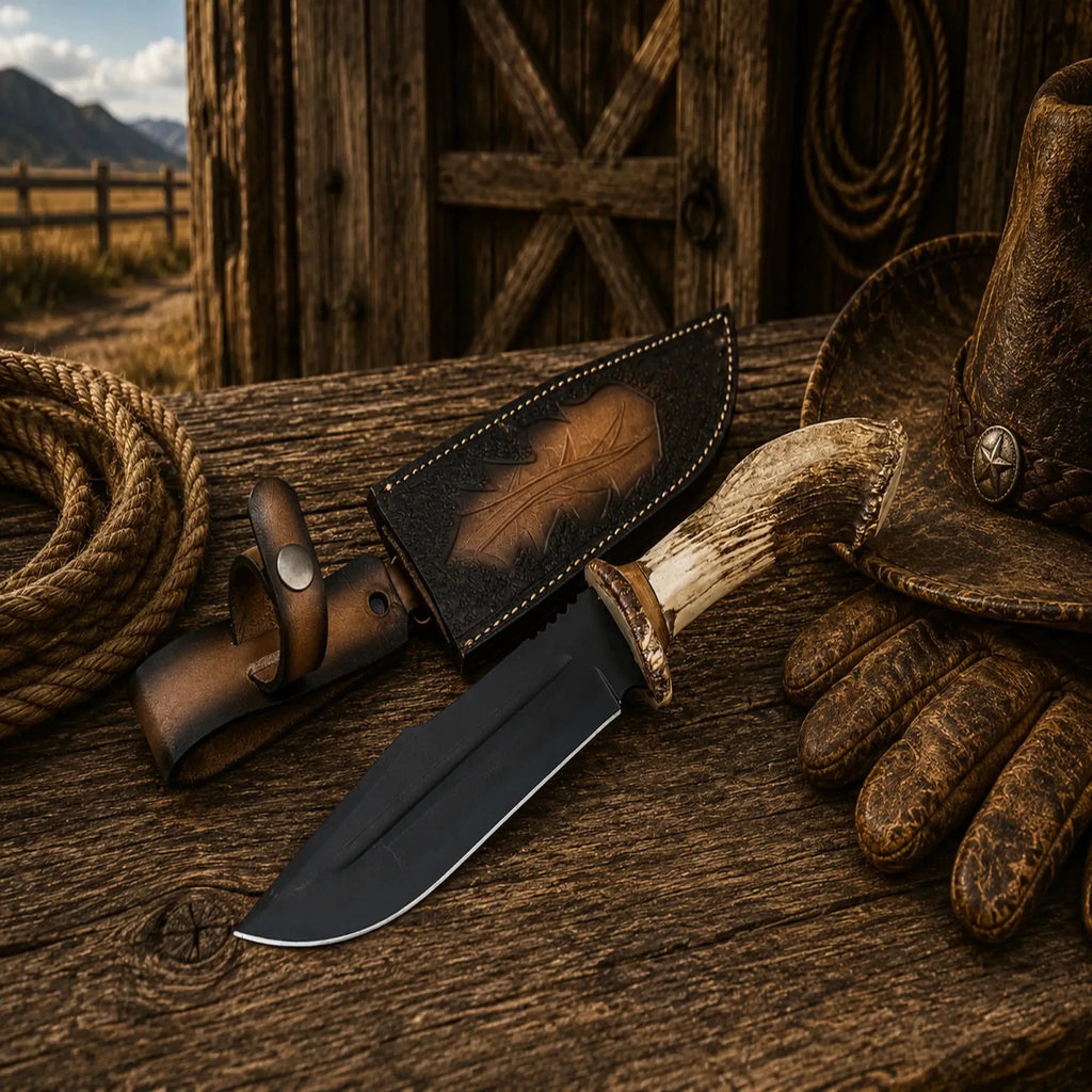 Frontier Hunter Bowie Knife – D2 Acid Etched Antler Handle - SHAM KNIVESBowie knifeSHAM KNIVESWestern style hunting knife with antler horn handle and leather sheath