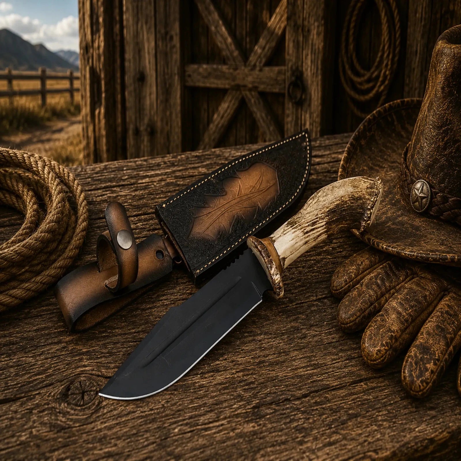Frontier Hunter Bowie Knife – D2 Acid Etched Antler Handle - SHAM KNIVESBowie knifeSHAM KNIVESWestern style hunting knife with antler horn handle and leather sheath