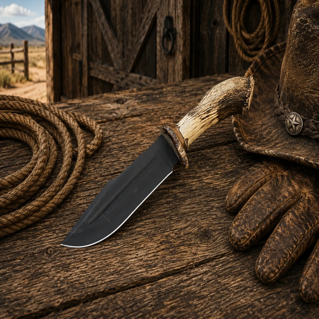 Frontier Hunter Bowie knife with D2 acid etched blade and antler handle