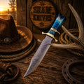 Frontier Legend Bowie knife with Damascus blade and blue camel bone handle
