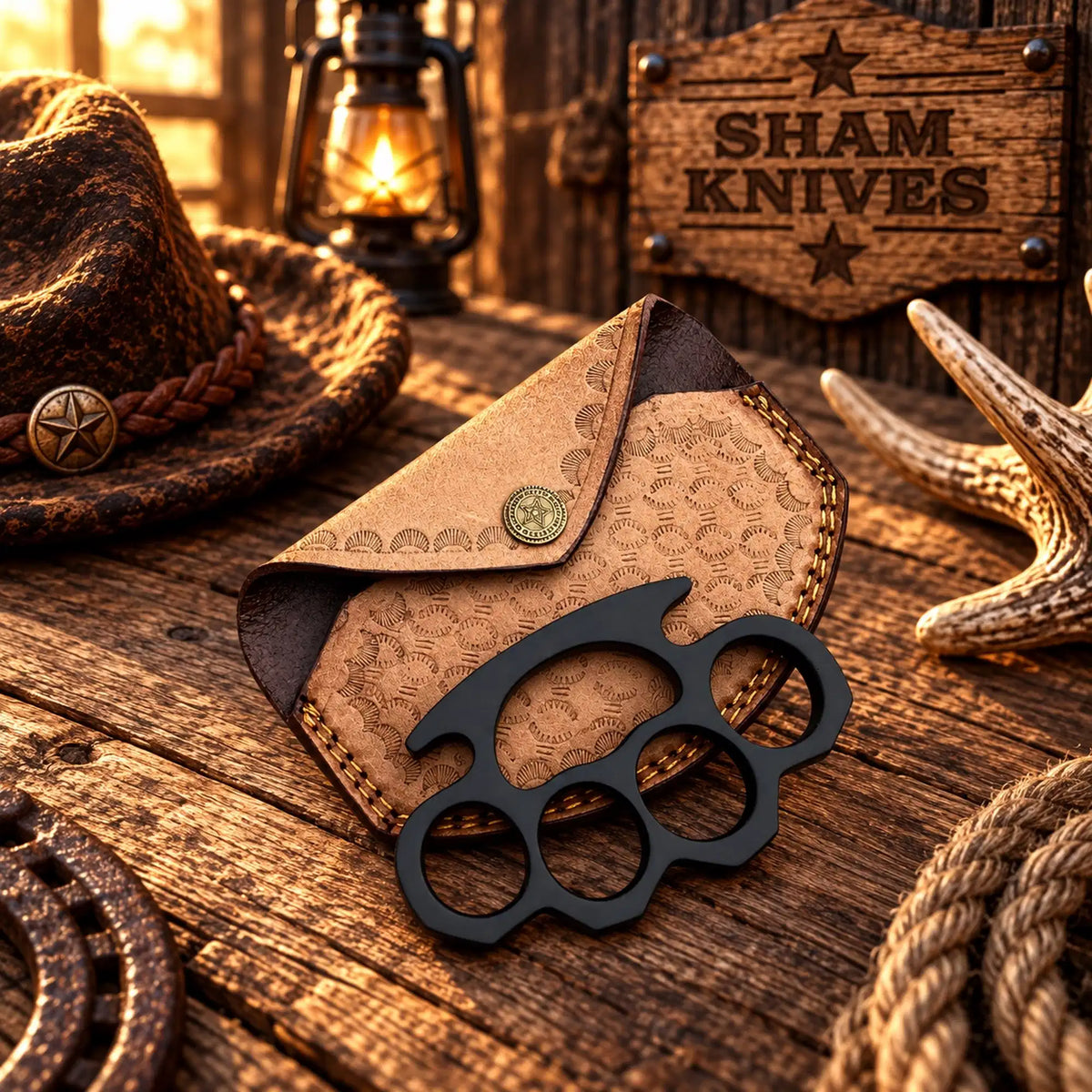 Frontier Marshal hand-cast black knuckle collectible with tan leather sheath