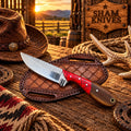 Frontier Western skinning knife with wood and red turquoise handle
