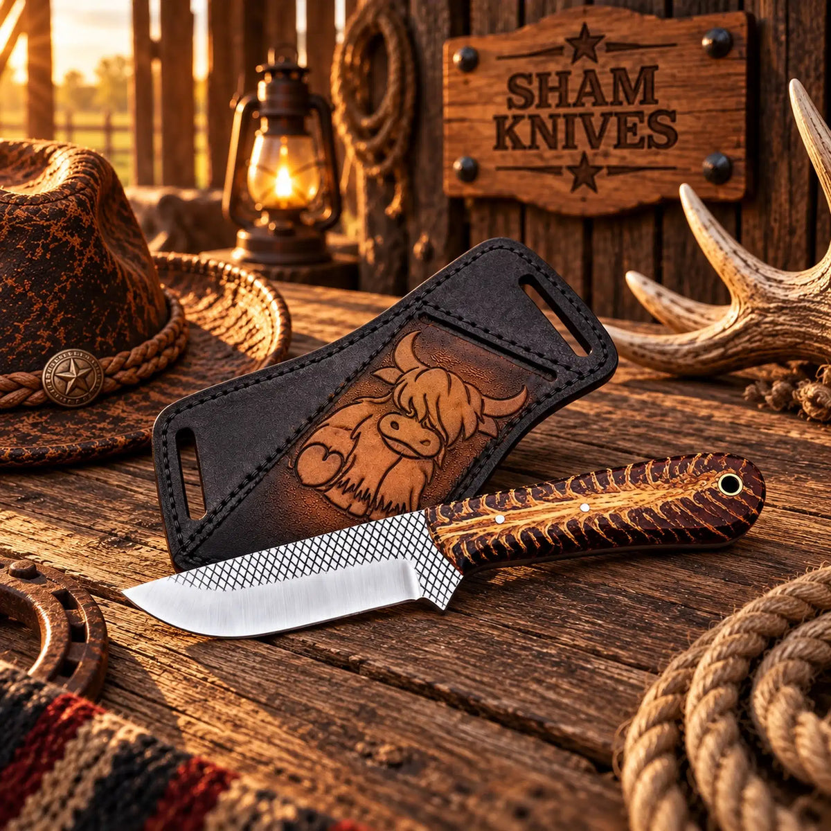 Frontier Scout rasp steel skinning knife with leather sheath