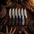 Handmade 6 piece cowboy hunting knife collection with colorful pine cone handles