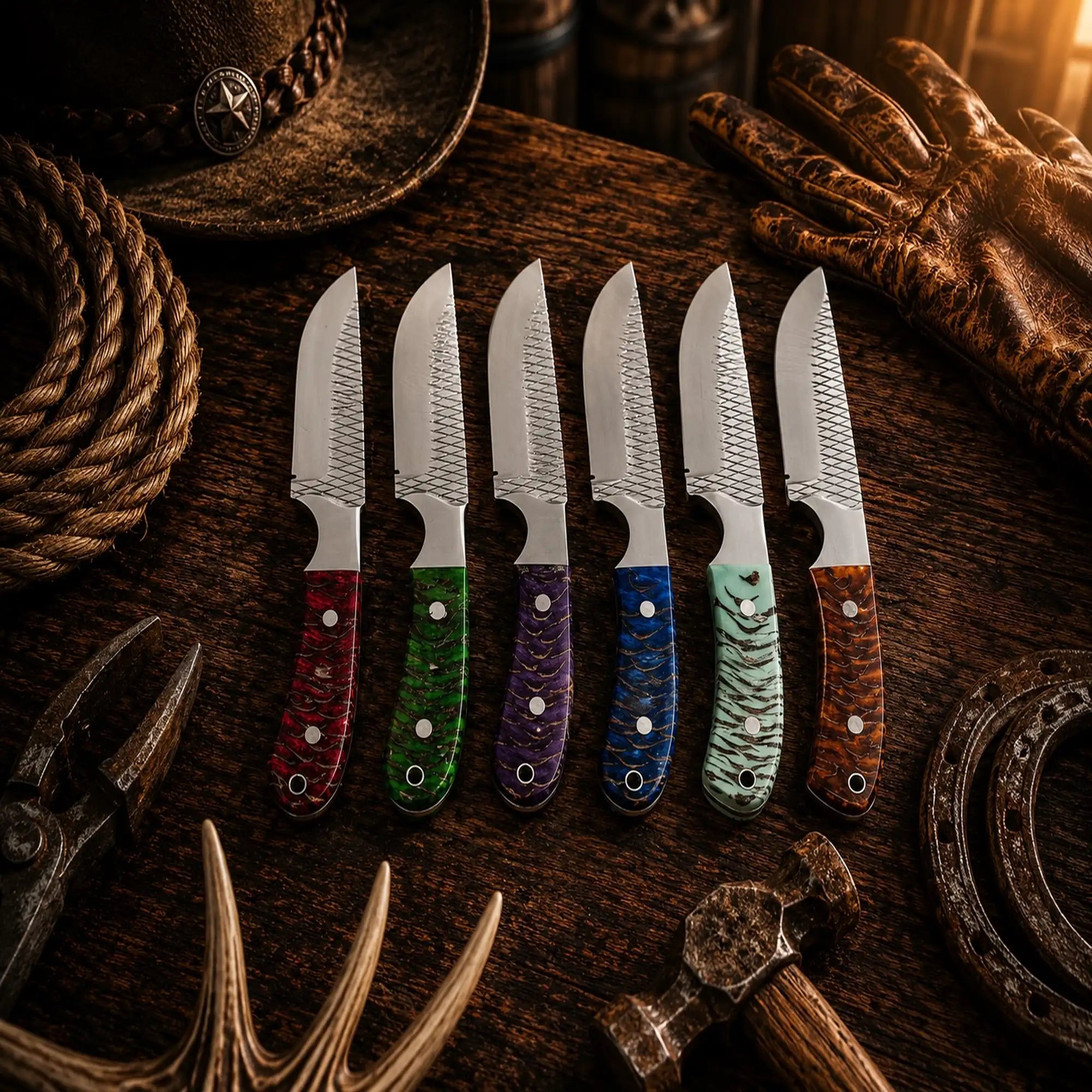 Handmade 6 piece cowboy hunting knife collection with colorful pine cone handles