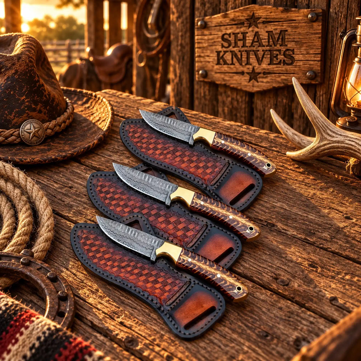 Frontier Trio Damascus field-dressing knife set