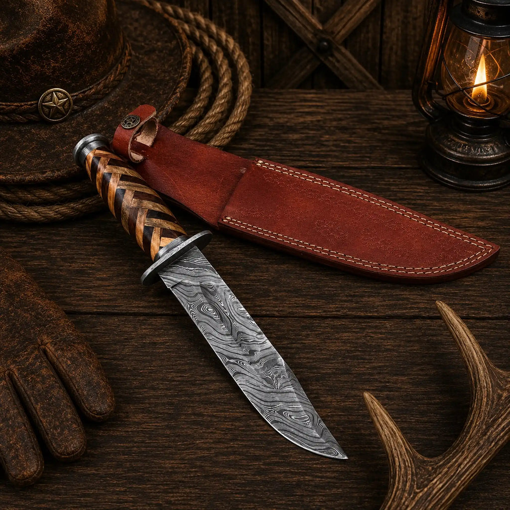 Frontier Weaver Damascus Bowie knife with basket-weave wood handle
