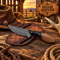 Frontier Western Gear Damascus knife with wood and black turquoise handle
