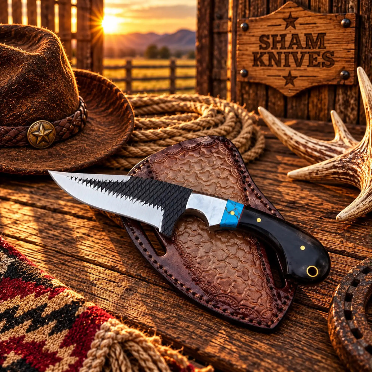 Frontier Western rasp steel knife with buffalo horn and turquoise handle
