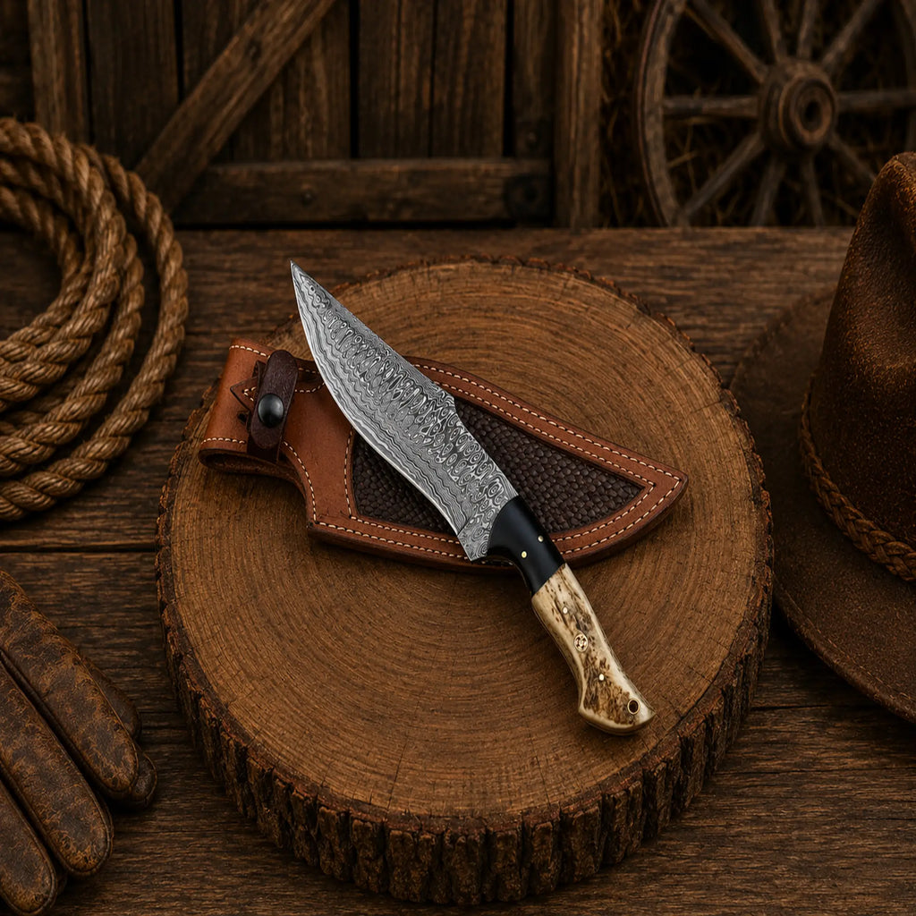 Handmade Frostfang hunting knife with leather sheath