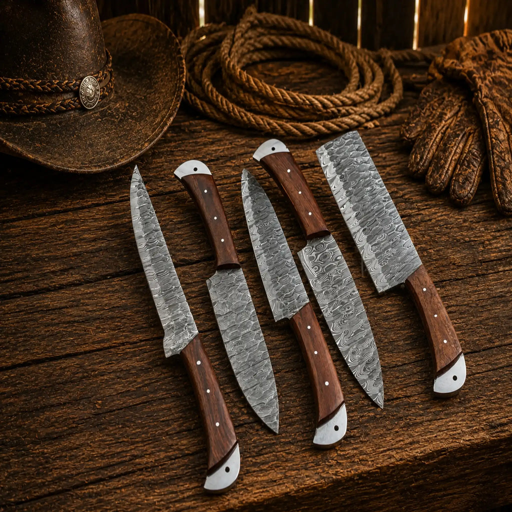5 piece Damascus kitchen knife collection with rosewood grips