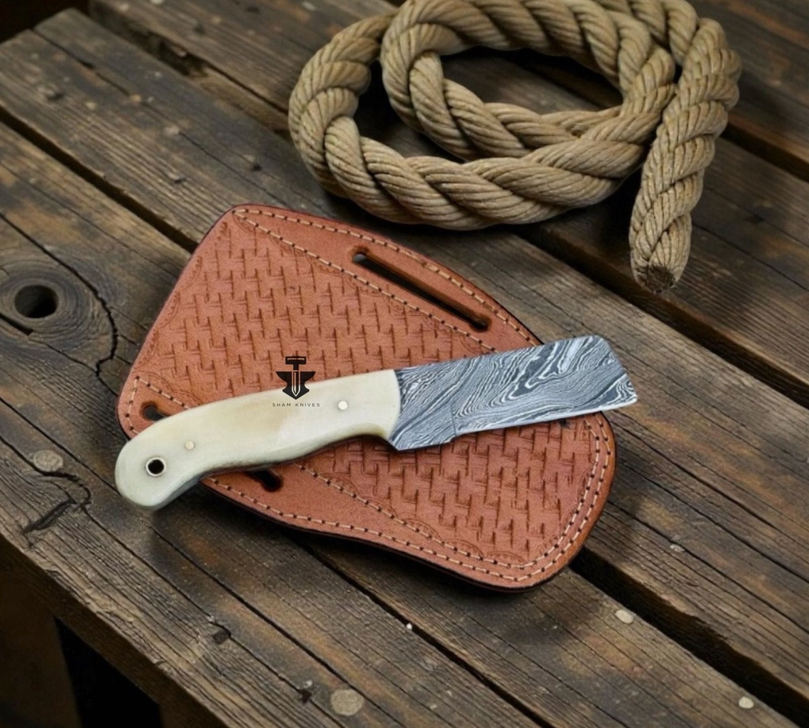 Ghosthorn Handmade Cowboy Damascus Bull Cutter Knife with Bone Handle & Belt Leather Sheath - SHAM KNIVES Hunting KnifesSham knivesGhosthorn Handmade Cowboy Damascus Bull Cutter Knife with Bone Handle & Belt Leather Sheath