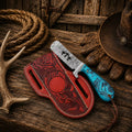 Handmade Damascus Bull Cutter Knife with epoxy resin handle and leather sheath