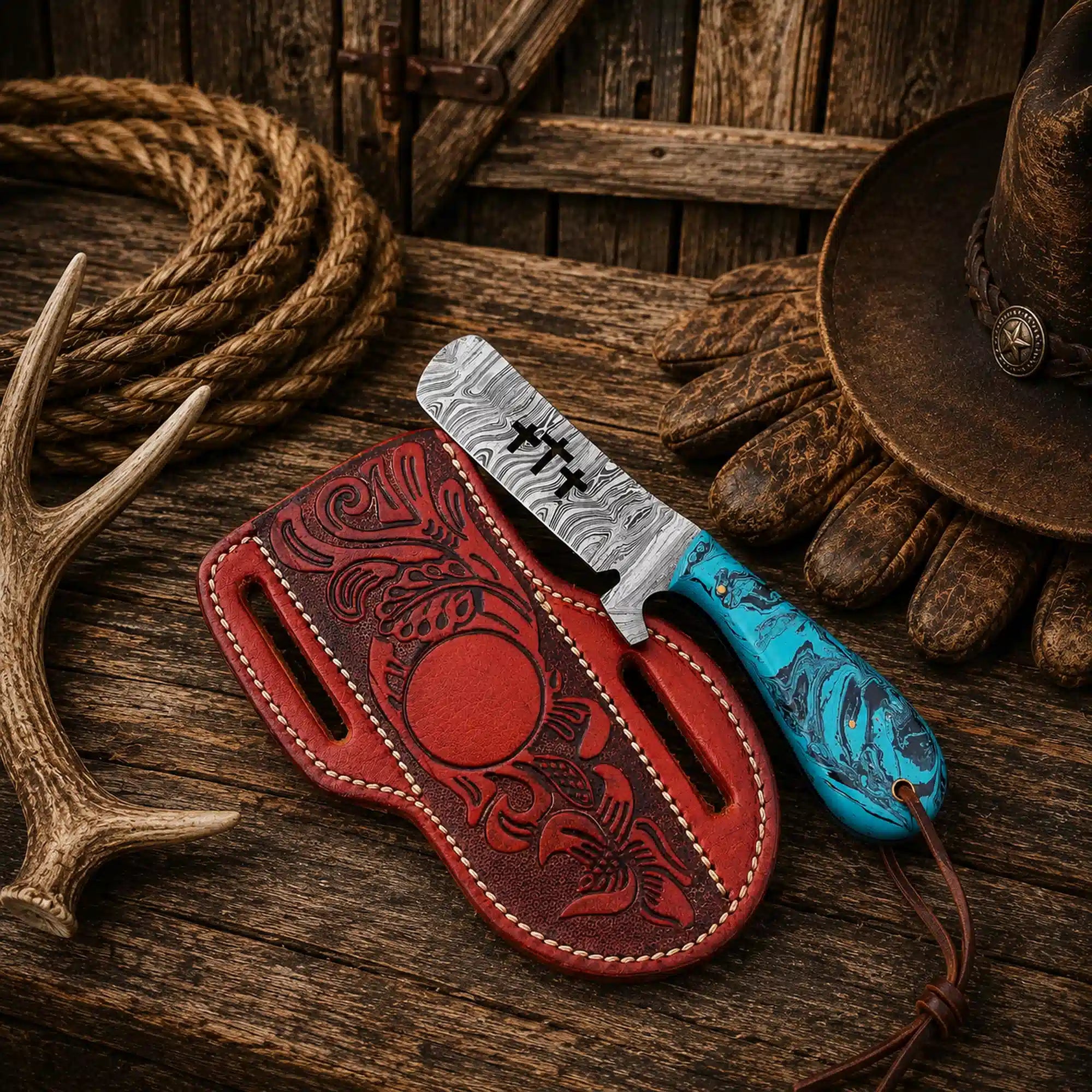 Handmade Damascus Bull Cutter Knife with epoxy resin handle and leather sheath