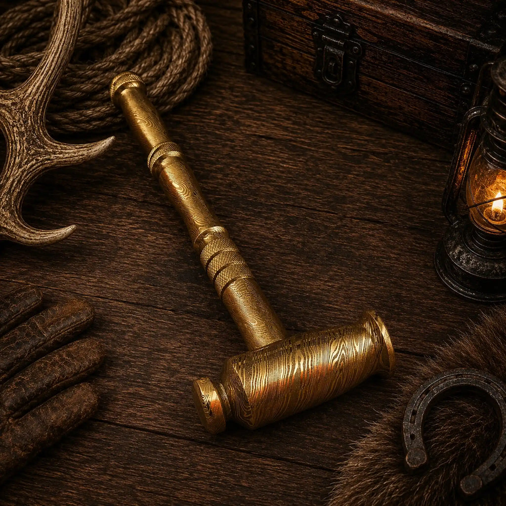 Handmade golden Damascus hammer designed as collector desk décor