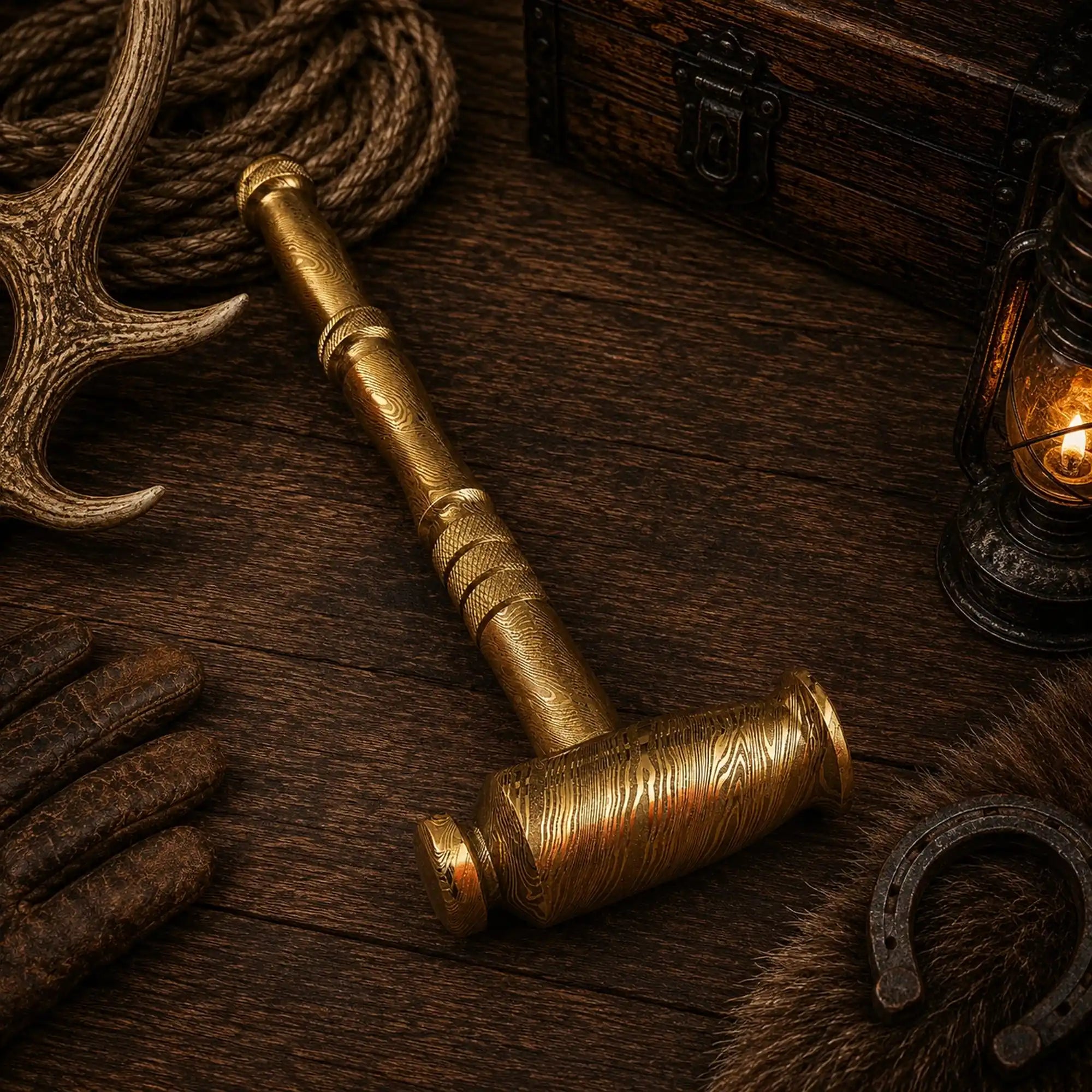 Handmade golden Damascus hammer designed as collector desk décor