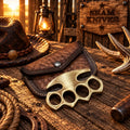 Golden Fist solid brass knuckle collectible with brown leather sheath