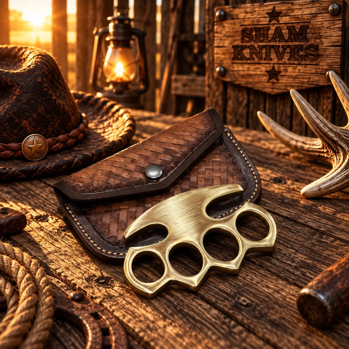 Golden Fist solid brass knuckle collectible with brown leather sheath