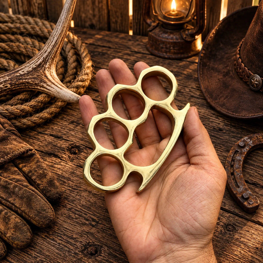  Golden Titan solid brass knuckle display collectible shown in hand