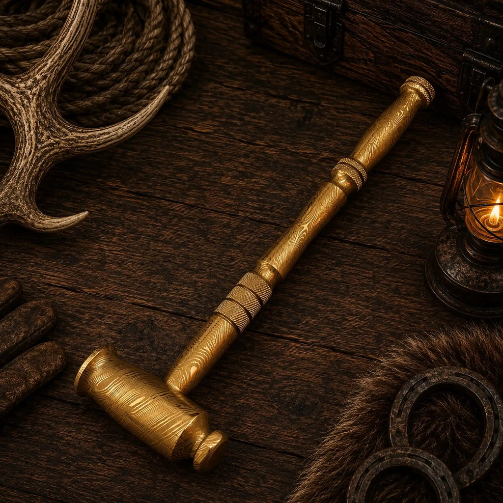 Goldenforge Damascus steel hammer with decorative gold-tone finish
