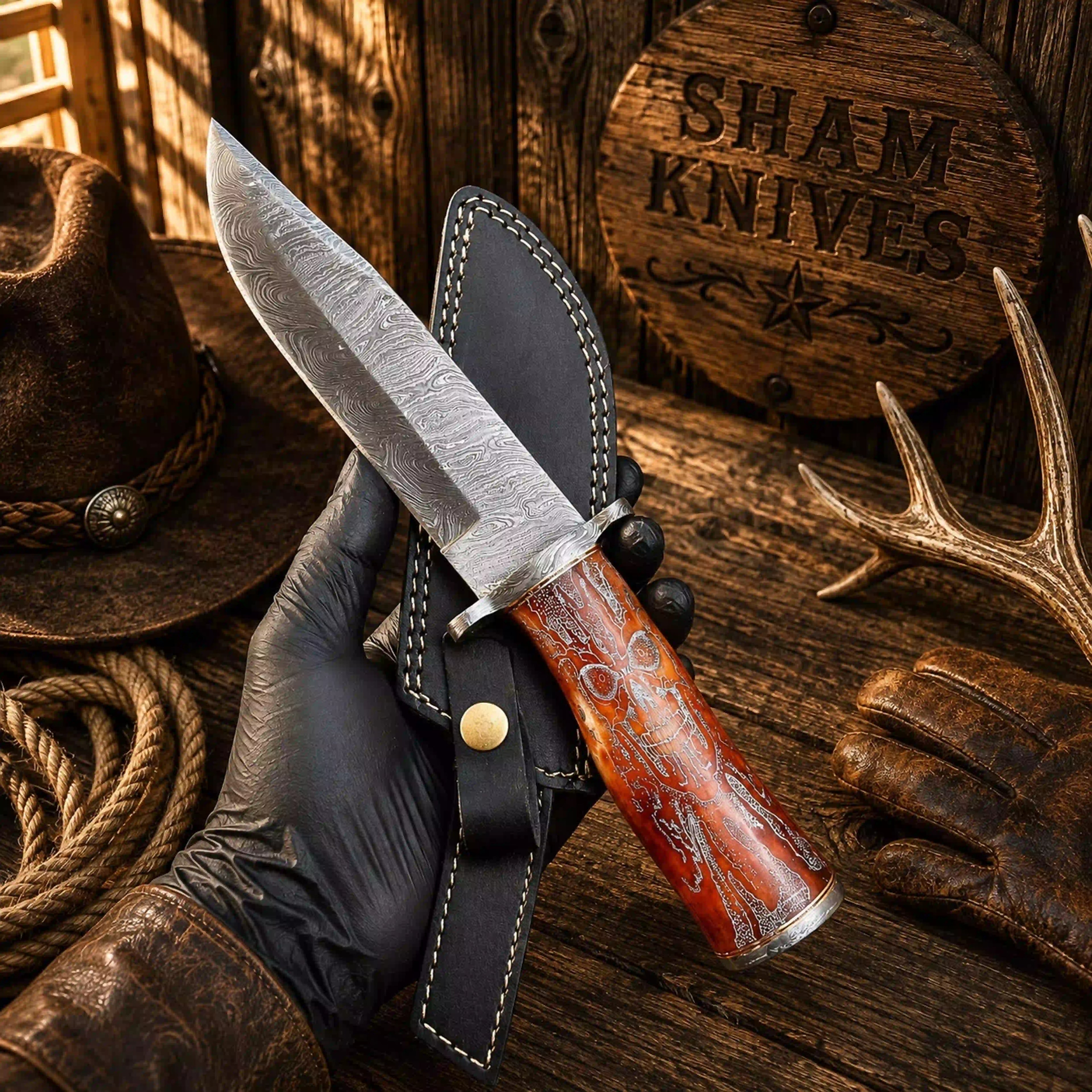 Grim Reaper Damascus Bowie with skull-engraved camel bone handle