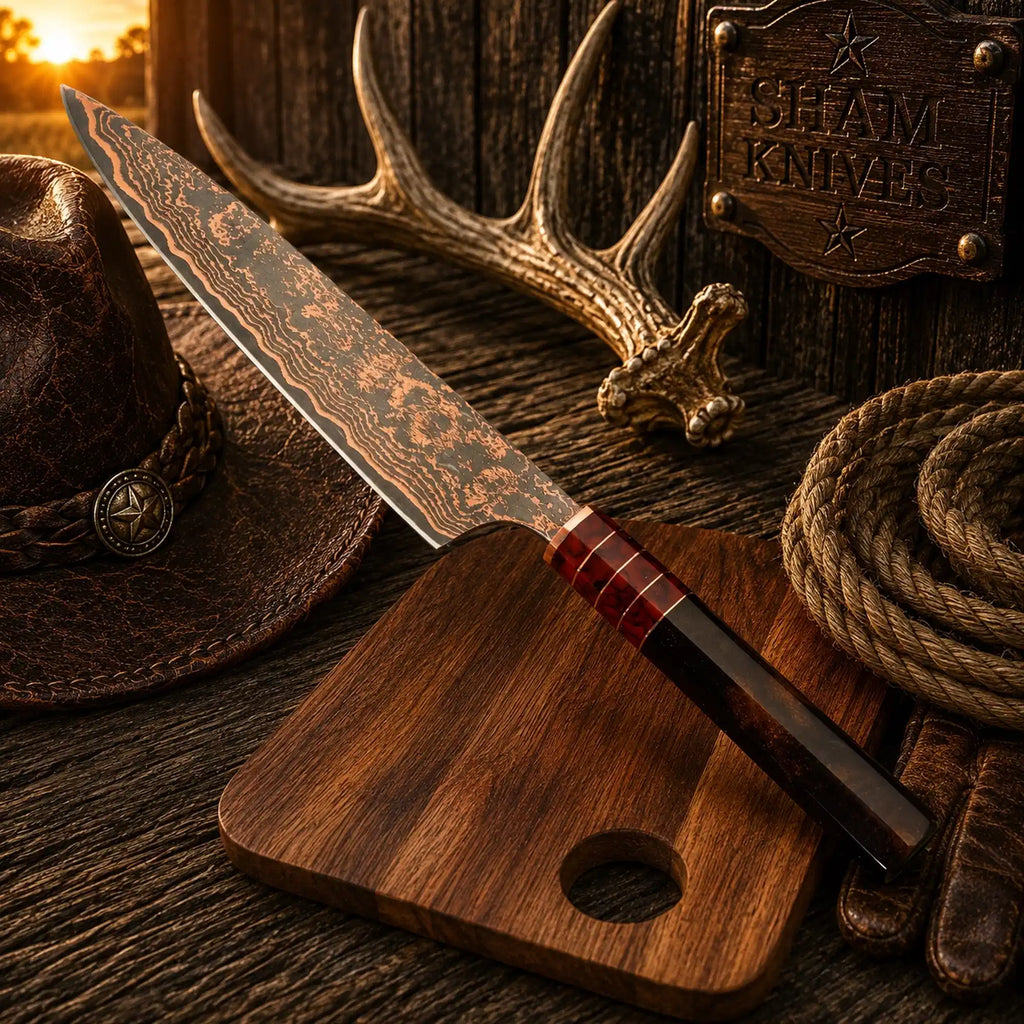 Gyuto chef knife featuring a black and brown octagonal resin handle