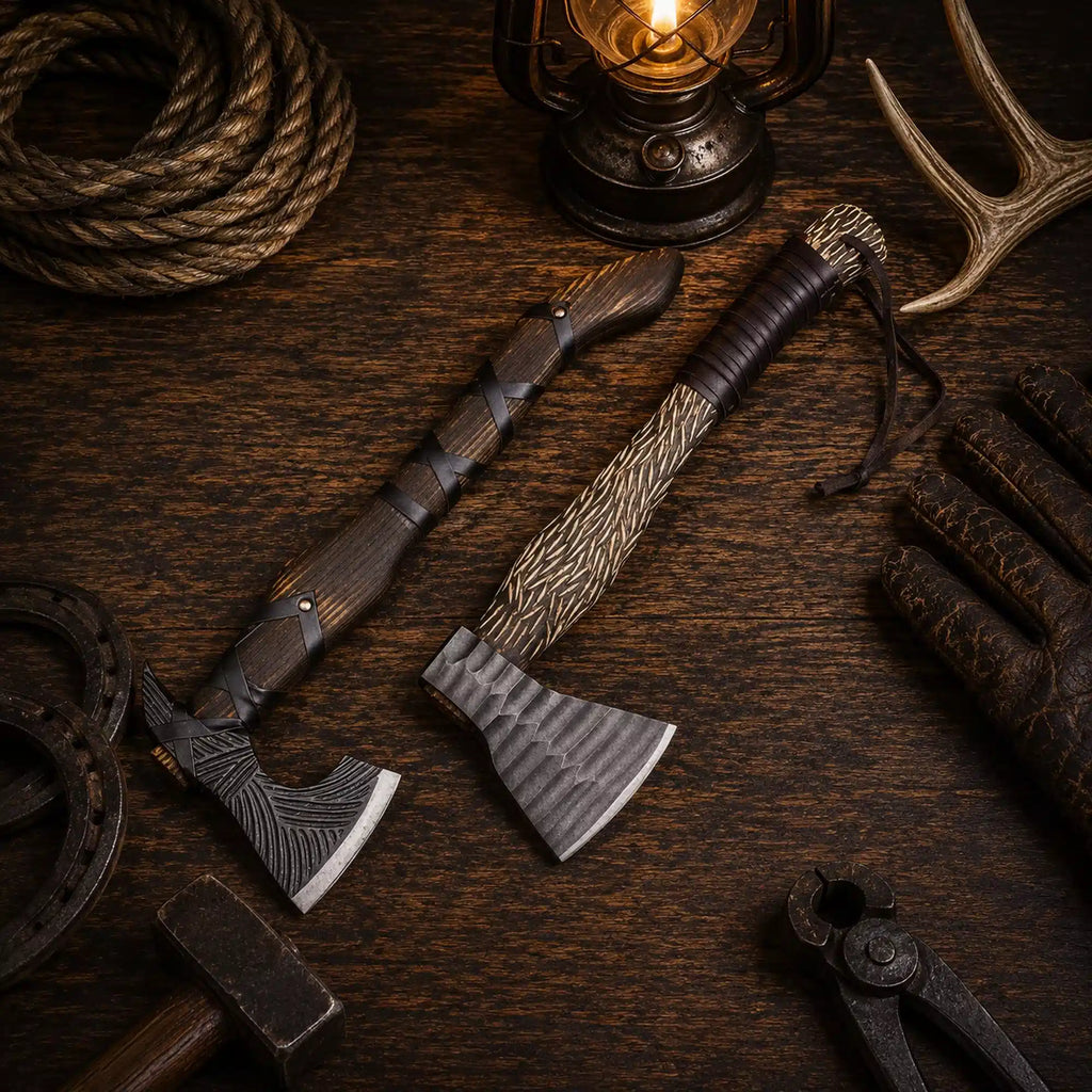 Hammered hand forged carbon steel tomahawk and Viking axe pair