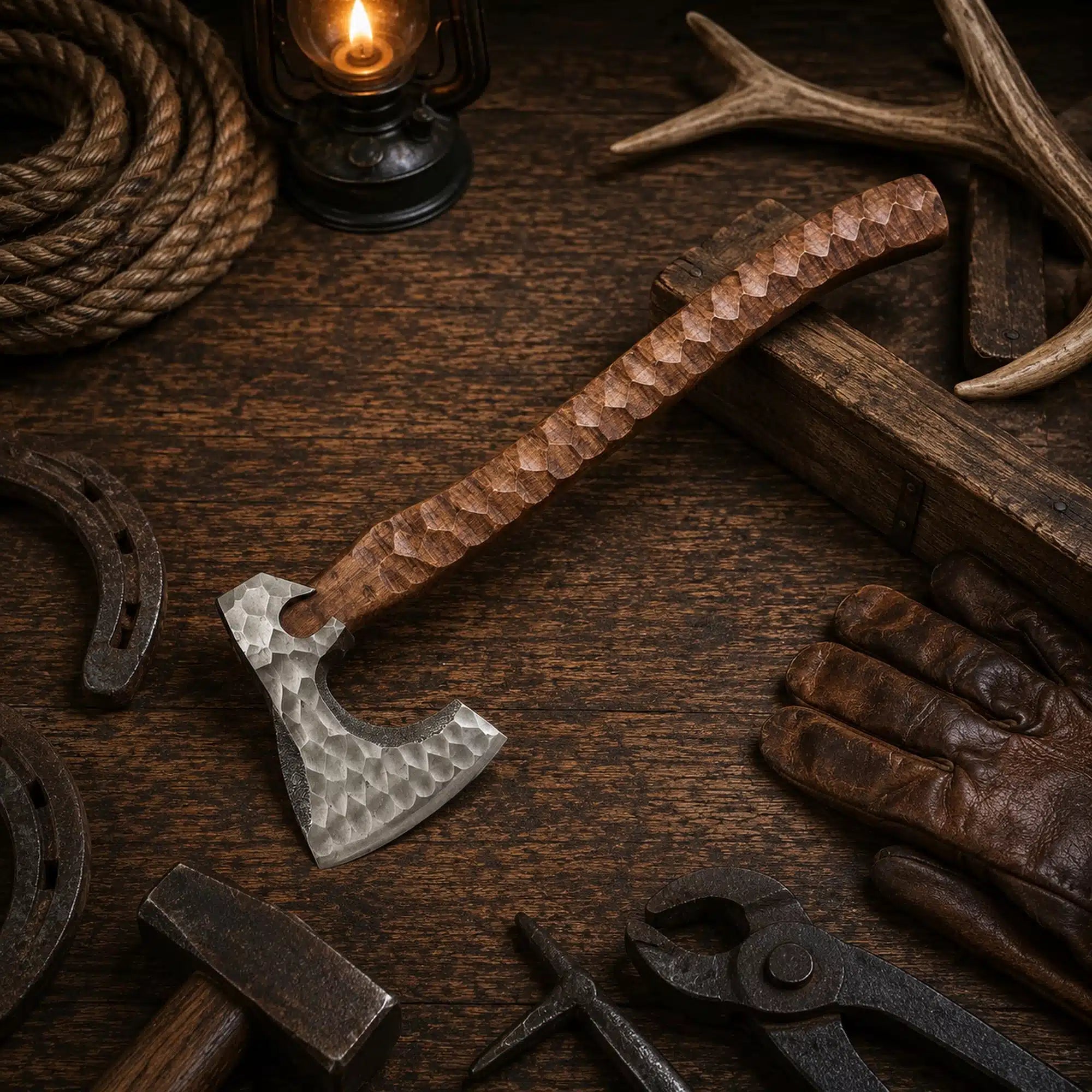 Hammered Viking axe with deeply jigged wooden handle