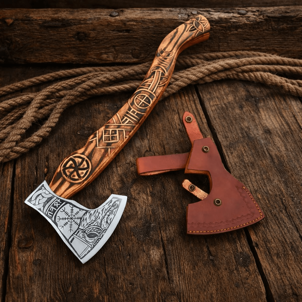 Hand Carved Viking Axe – High Carbon Steel Bearded Axe with Ash Wood Handle | Norse Battle Axe - SHAM KNIVES Camping AxeSHAM KNIVESHand Carved Viking Axe – High Carbon Steel Bearded Axe with Ash Wood Handle | Norse Battle Axe