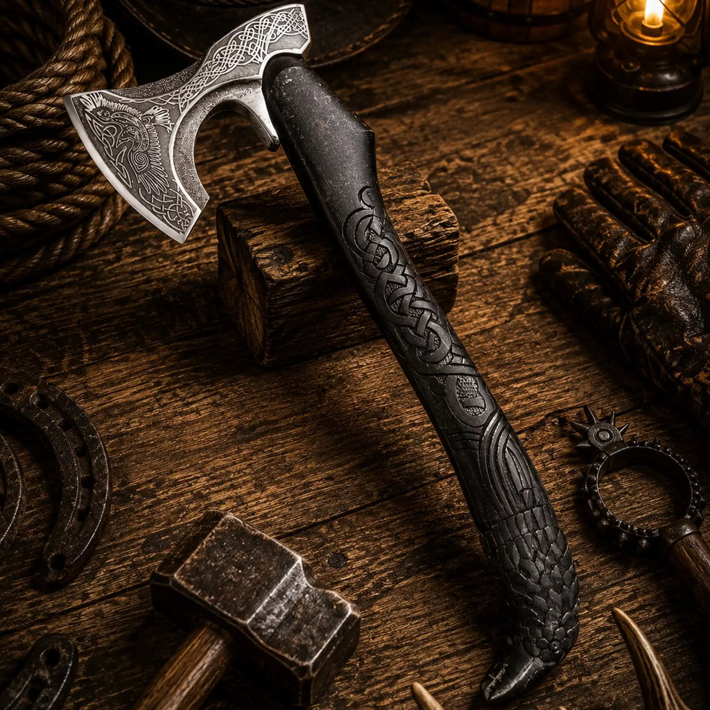 Handmade Norse Viking axe with detailed raven engraving and leather sheath
