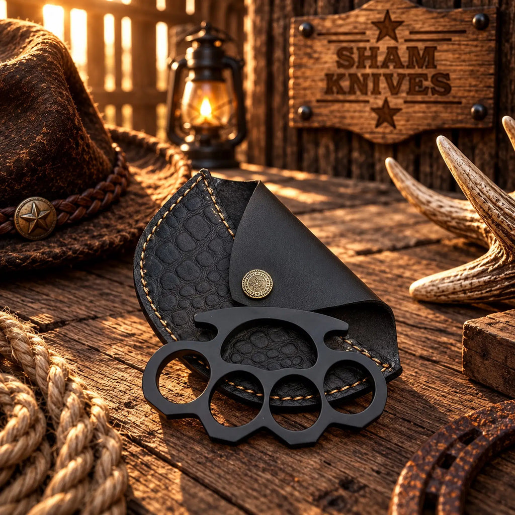 Hand-cast black knuckle display collectible with leather sheath
