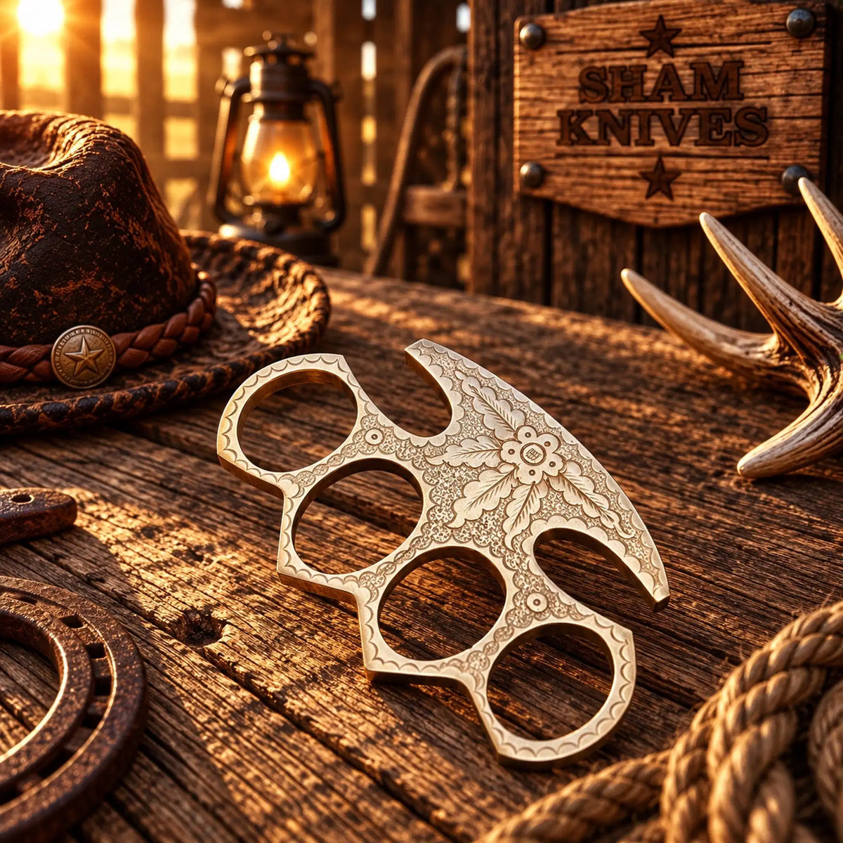 Hand-cast engraved brass knuckle Western collectible by SHAM KNIVES