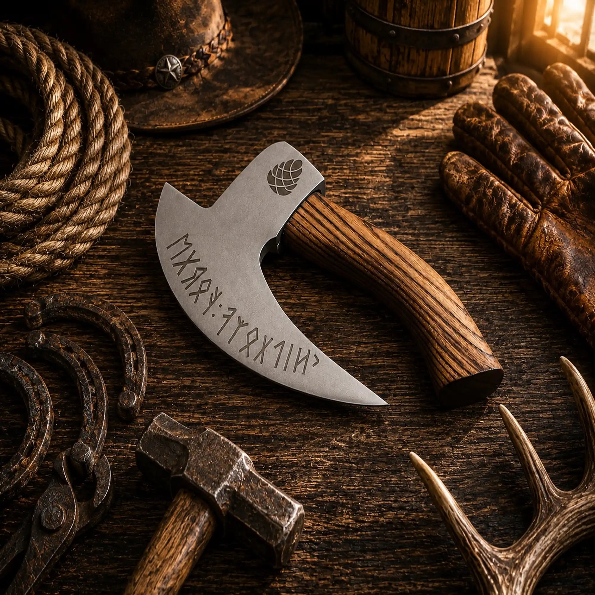 Hand forged carbon steel pizza slicer with Nordic engraved blade