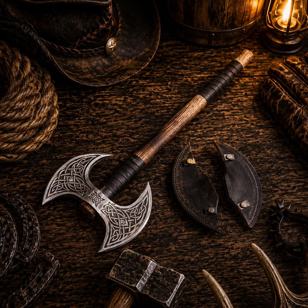 Hand forged carbon steel Viking axe with Nordic engraved double head
