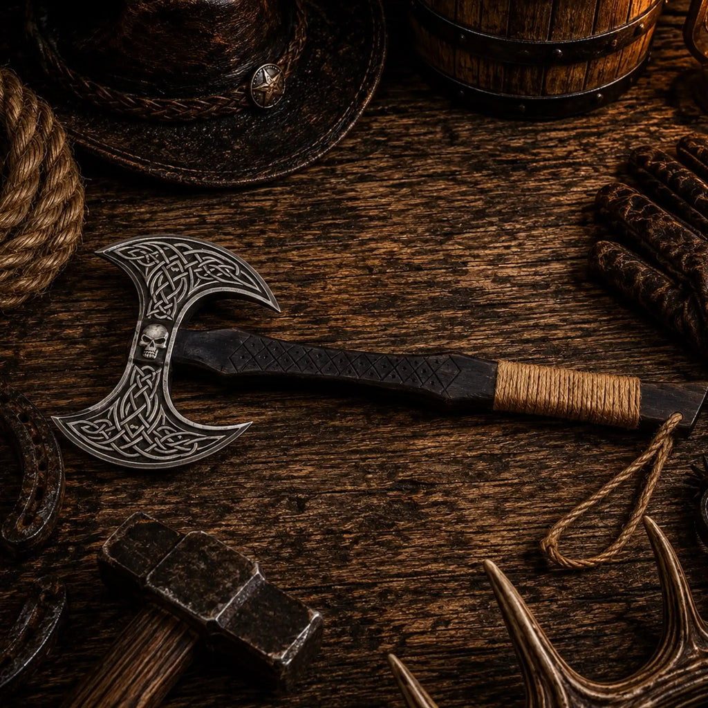 Hand forged carbon steel Viking double axe with Nordic etching