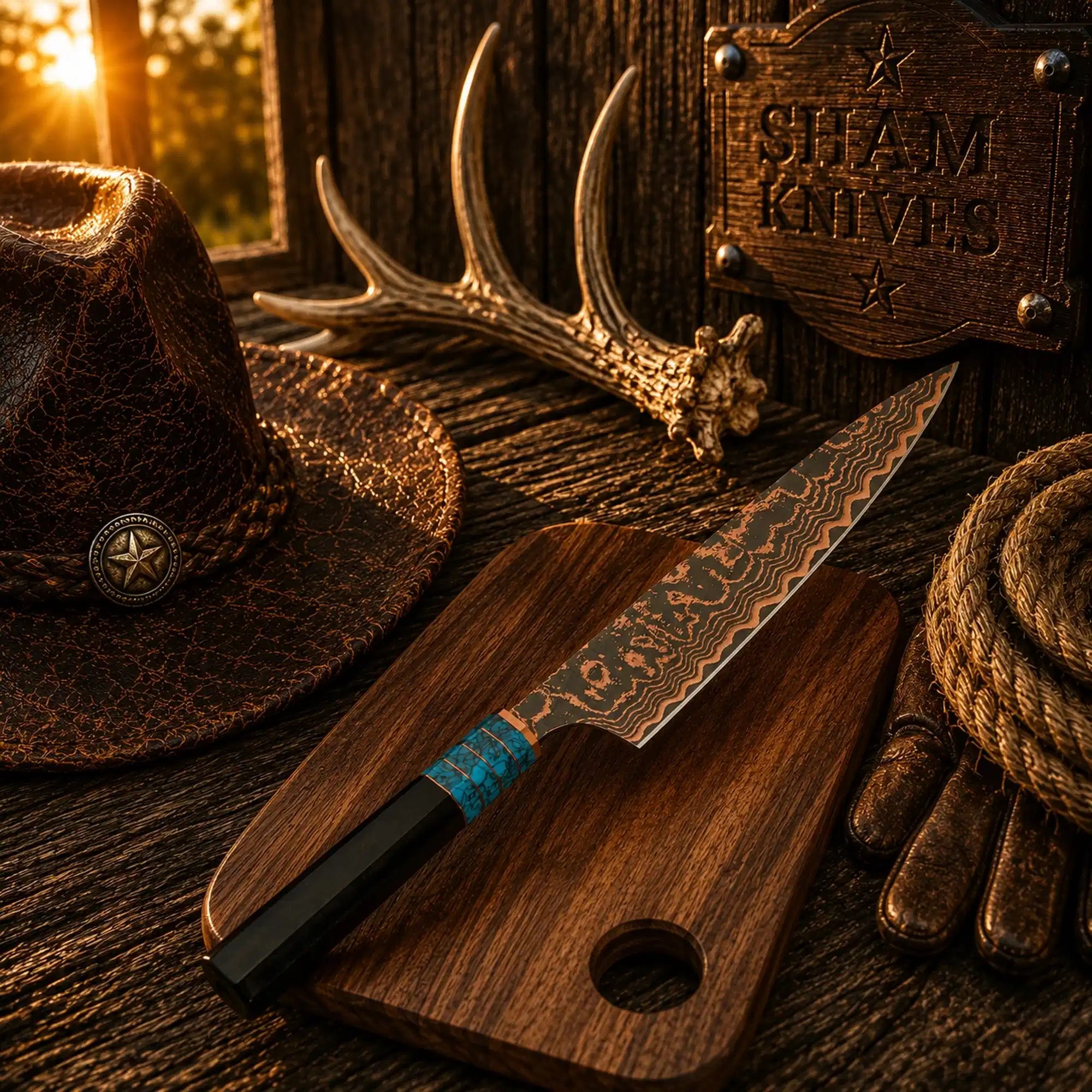 Hand-forged Copper Damascus chef knife with dark patterned blade