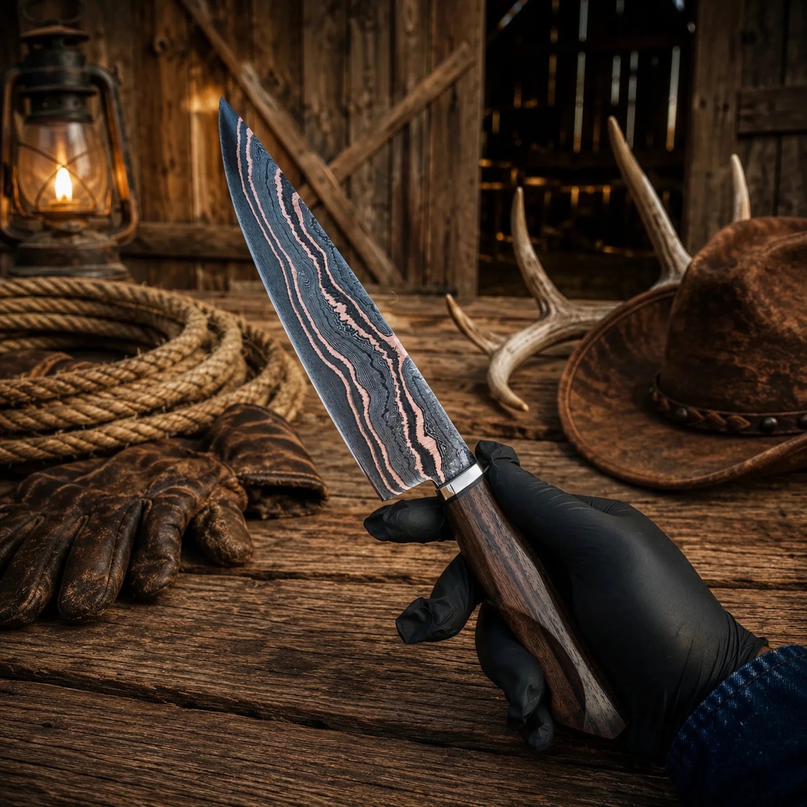 Hand Forged Copper Damascus Santoku Chef Knife – Walnut Wood Handle & Copper Bolster - SHAM KNIVESchef knifeSHAM KNIVESHandmade Copper Damascus kitchen knife for professional chefs.