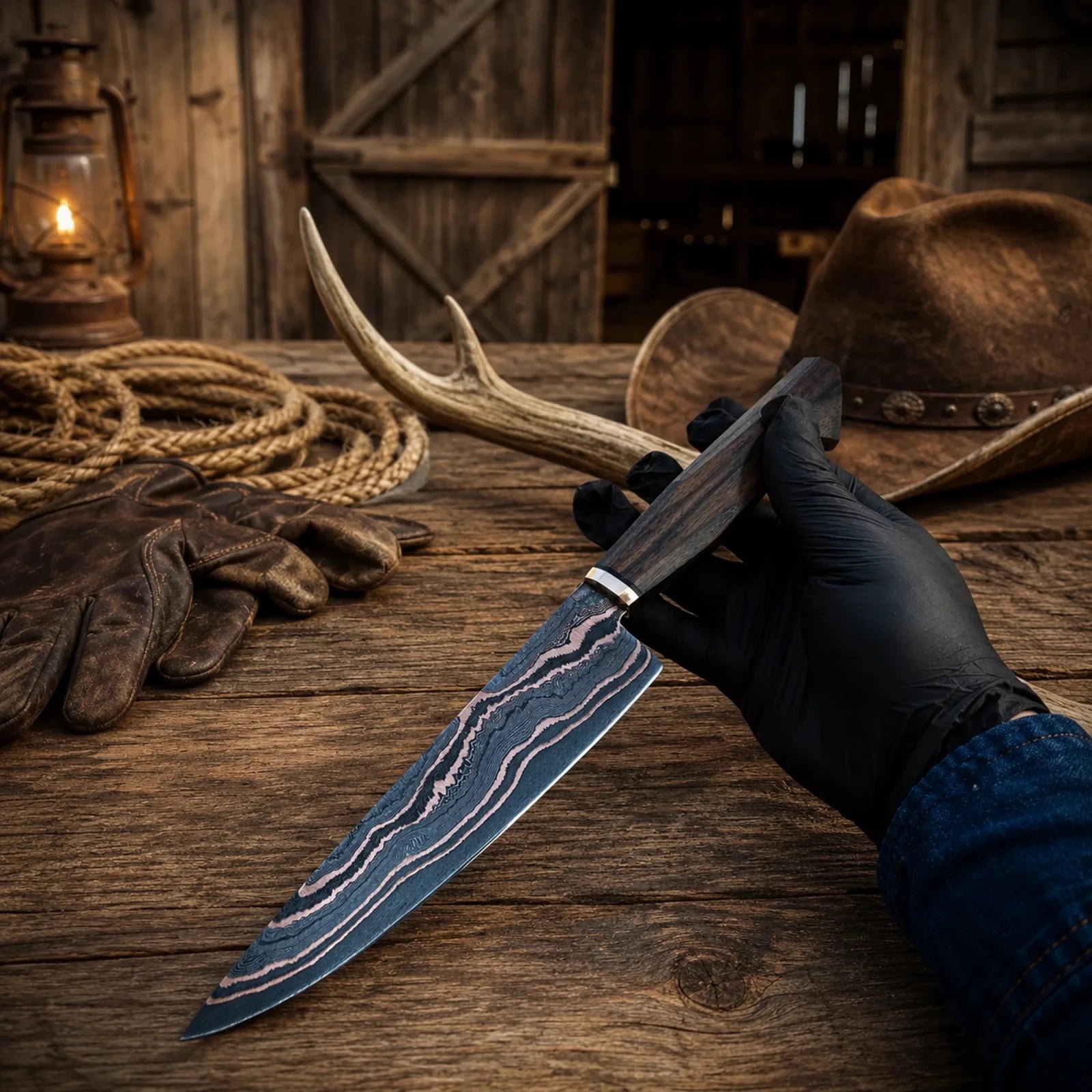 Hand Forged Copper Damascus Santoku Chef Knife – Walnut Wood Handle & Copper Bolster - SHAM KNIVESchef knifeSHAM KNIVESHand forged Copper Damascus Santoku chef knife with walnut wood handle and copper bolster.