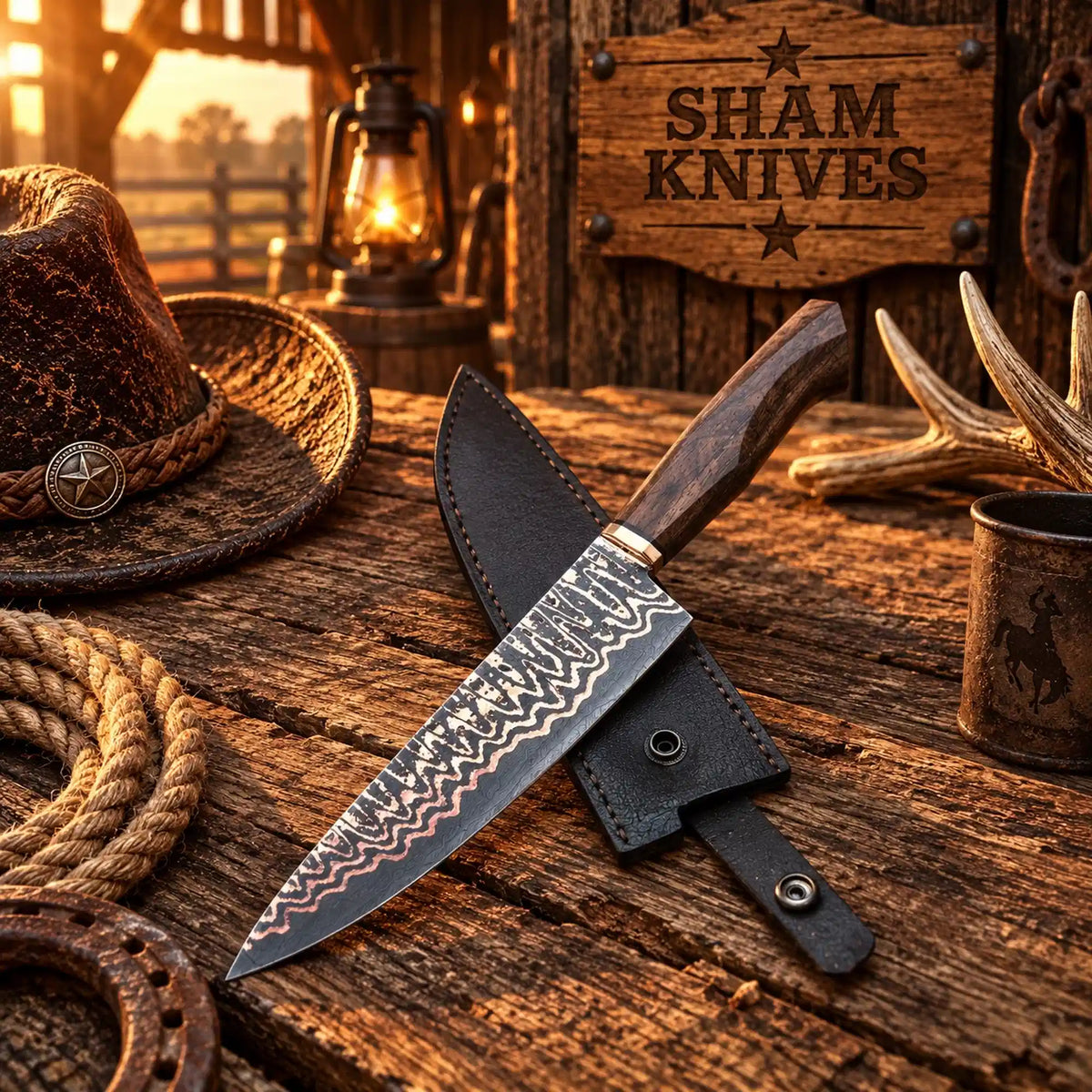 Hand forged Copper Damascus Santoku chef knife with walnut wood handle